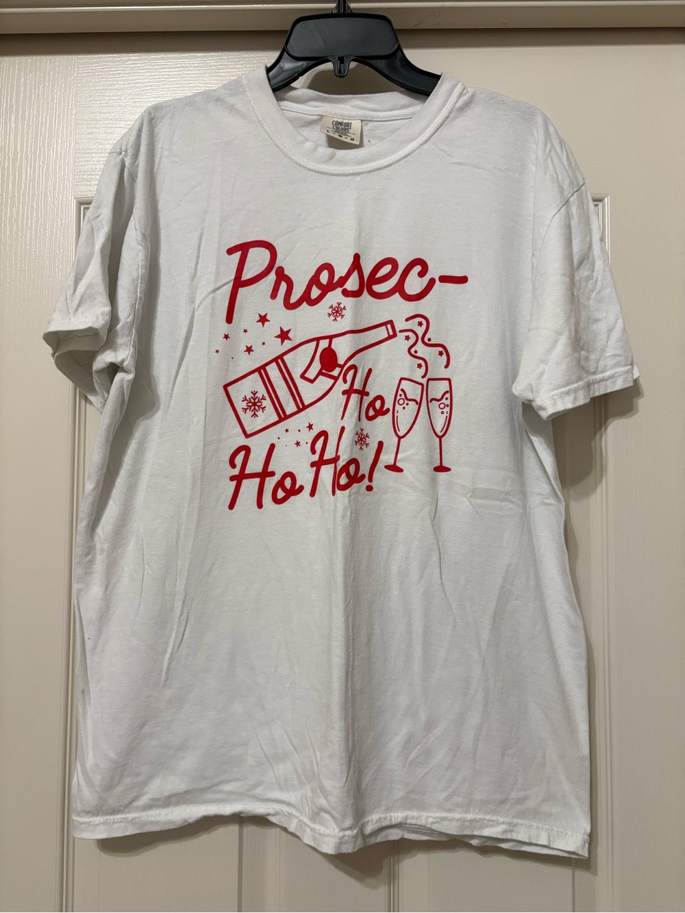 Comfort Colors White Tee with Red "Prosec-Ho Ho Ho" Holiday Graphic